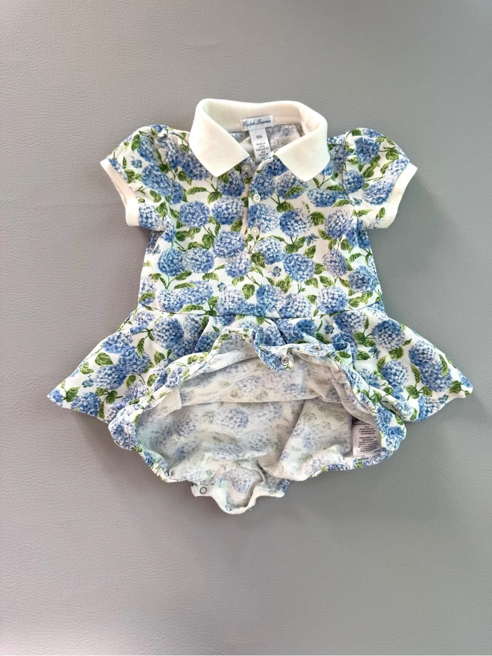 Ralph Lauren Baby Blue Hydrangea Polo Romper Dress 18M Garden Party Dress